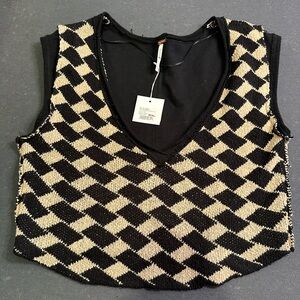 Free People Black and Cream Diamond Knit Crop Top